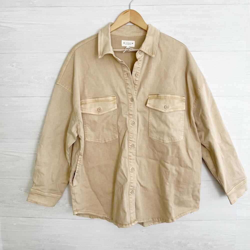 Risen Los Angeles- Beige oversized denim shirt jacket side pockets, L